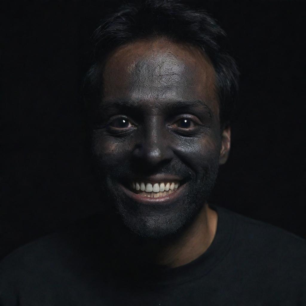 A man with a eerie stitched smile and eyes that are completely black, creating a chilling appearance.