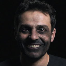 A man with a eerie stitched smile and eyes that are completely black, creating a chilling appearance.