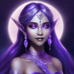 A high-quality digital art image of a moon elf with radiant purple skin