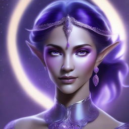 A high-quality digital art image of a moon elf with radiant purple skin