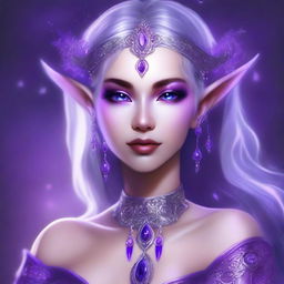 A high-quality digital art image of a moon elf with radiant purple skin