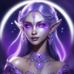 A high-quality digital art image of a moon elf with radiant purple skin