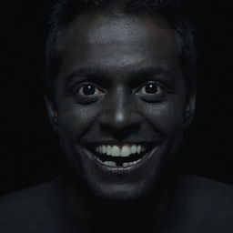 A man with a eerie stitched smile and eyes that are completely black, creating a chilling appearance.