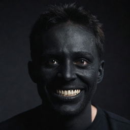 A man with a eerie stitched smile and eyes that are completely black, creating a chilling appearance.