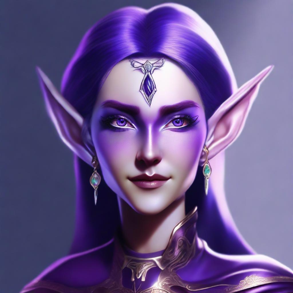 A high-quality digital art image showcasing an elf with striking purple skin