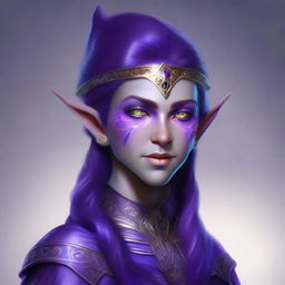 A high-quality digital art image showcasing an elf with striking purple skin