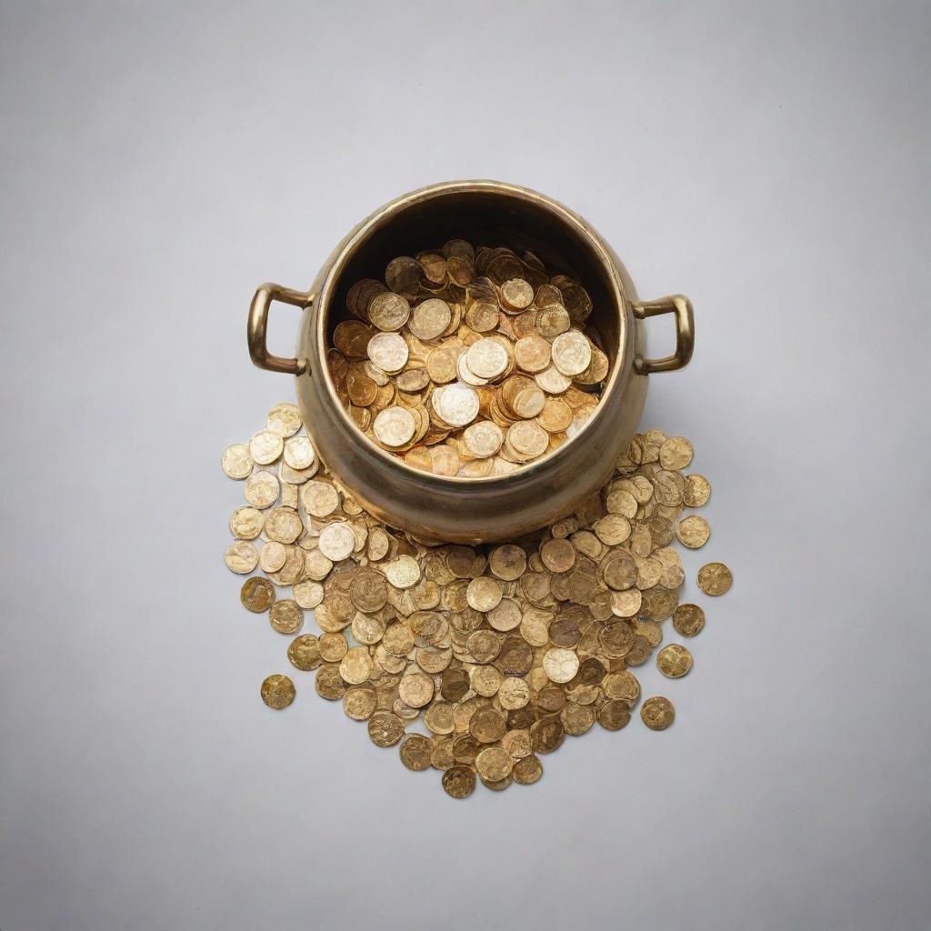 A shining pot filled to the brim with glimmering gold coins