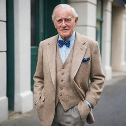 An older gentleman elegantly dressed in contemporary attire, embodying a pairing of both old age and modern fashion.