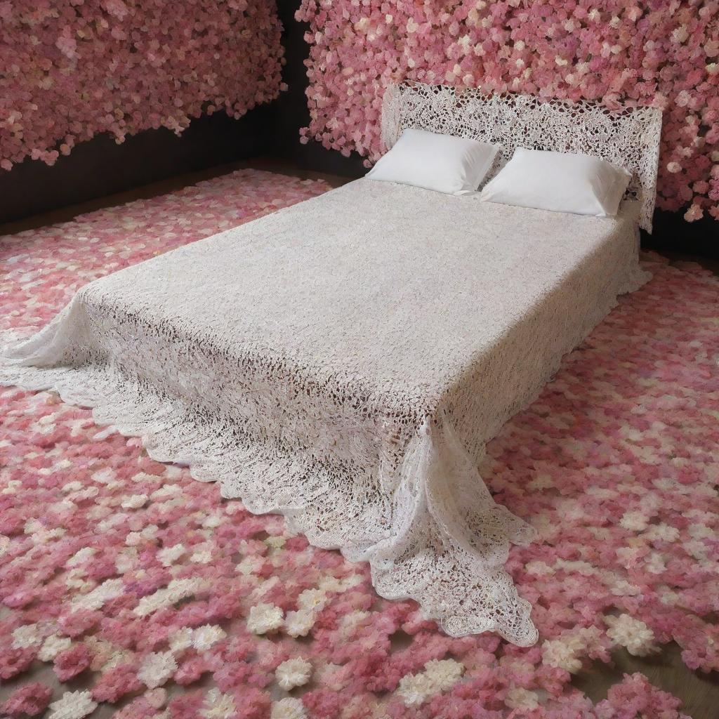 An immersive digital art piece featuring a meticulously crafted crochet bed sheet, draped elegantly over a bed and surrounded by surreal floating flowers, creating an otherworldly illusion of tranquility.