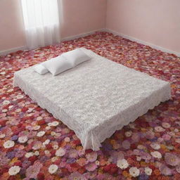 An immersive digital art piece featuring a meticulously crafted crochet bed sheet, draped elegantly over a bed and surrounded by surreal floating flowers, creating an otherworldly illusion of tranquility.