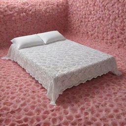 An immersive digital art piece featuring a meticulously crafted crochet bed sheet, draped elegantly over a bed and surrounded by surreal floating flowers, creating an otherworldly illusion of tranquility.