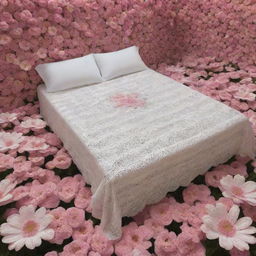 An immersive digital art piece featuring a meticulously crafted crochet bed sheet, draped elegantly over a bed and surrounded by surreal floating flowers, creating an otherworldly illusion of tranquility.