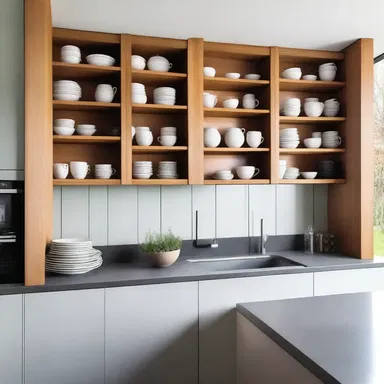 The modern house featured a stunning kitchen with sleek cupboards and a designer cup rack to display various cups.