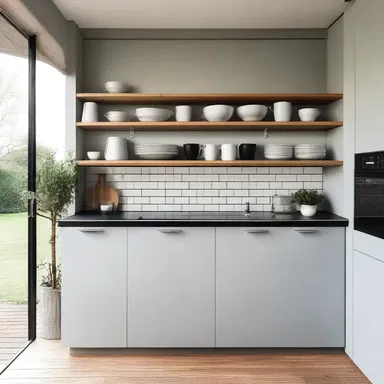 The modern house featured a stunning kitchen with sleek cupboards and a designer cup rack to display various cups.