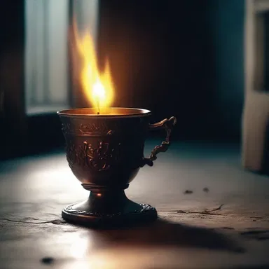 The cursed cup glowed with an eerie light, filling the room with terror as it levitated towards its next victim.