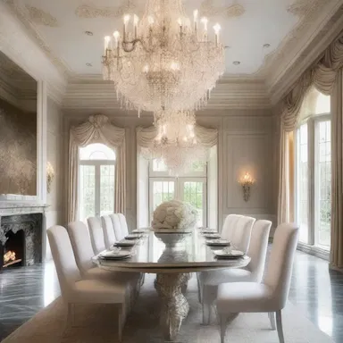 The luxurious mansion showcased an opulent dining hall with a majestic chandelier hanging above a long table, where a silver cup was displayed prominently as the centerpiece.