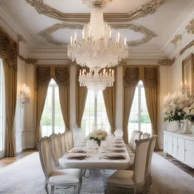 The luxurious mansion showcased an opulent dining hall with a majestic chandelier hanging above a long table, where a silver cup was displayed prominently as the centerpiece.