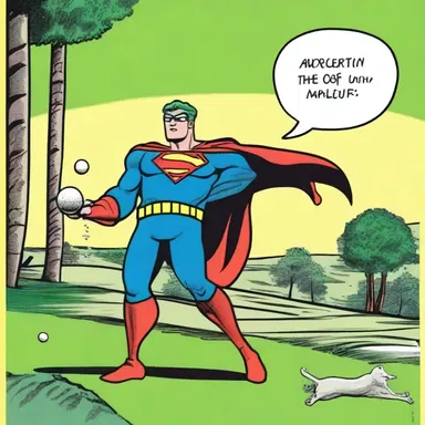 In the comic strip, the superhero successfully shot a golf ball directly into the cup on the green.