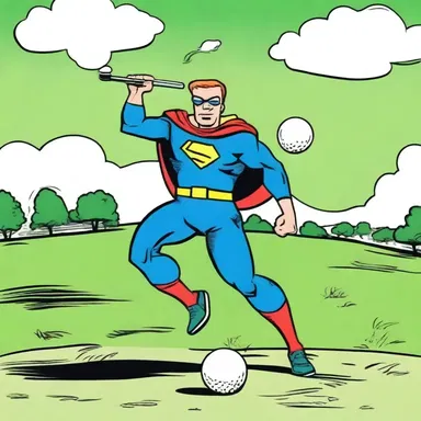 In the comic strip, the superhero successfully shot a golf ball directly into the cup on the green.