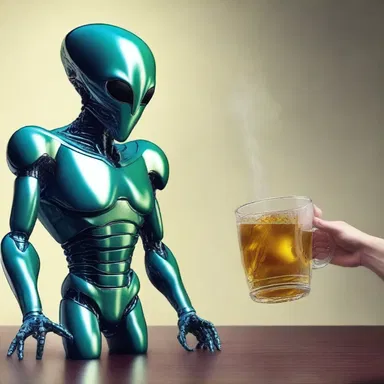 In the science fiction story, the aliens offered the humans a strange-colored cup of punch from the pitcher as a gesture of goodwill.