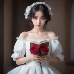 An anime style girl with wide, expressive eyes, elegantly clothed in a beautiful white dress, gently holding an intricately detailed book with a single, perfect rose nestled within its pages.