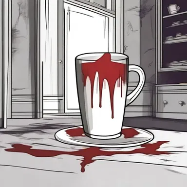 The protagonist entered a haunted house and found a cup filled with blood, sending chills down their spine.