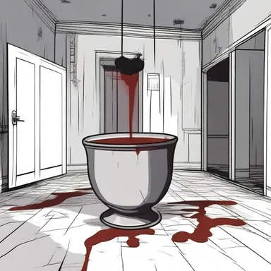 The protagonist entered a haunted house and found a cup filled with blood, sending chills down their spine.