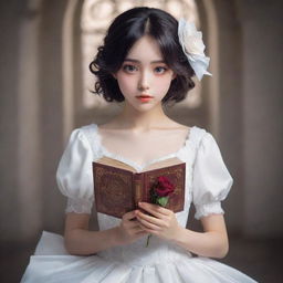 An anime style girl with wide, expressive eyes, elegantly clothed in a beautiful white dress, gently holding an intricately detailed book with a single, perfect rose nestled within its pages.