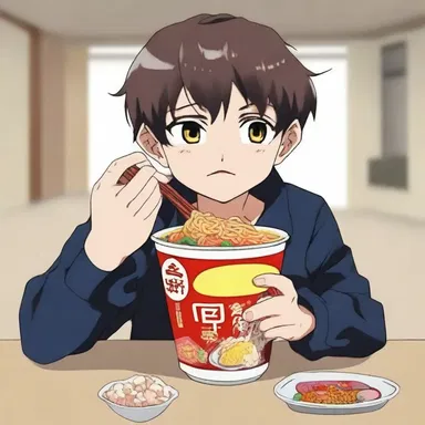 The main character in the anime series always carried a cup of instant noodles with him.