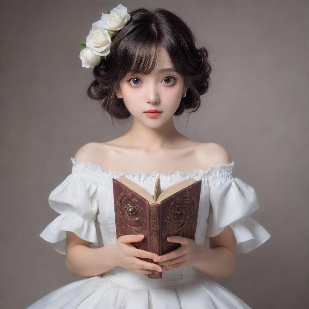 An anime style girl with wide, expressive eyes, elegantly clothed in a beautiful white dress, gently holding an intricately detailed book with a single, perfect rose nestled within its pages.