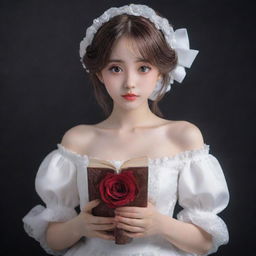 An anime style girl with wide, expressive eyes, elegantly clothed in a beautiful white dress, gently holding an intricately detailed book with a single, perfect rose nestled within its pages.