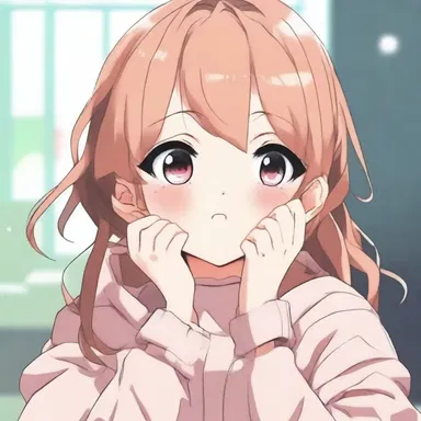 The anime character gracefully cupped her face in her hands, blushing.