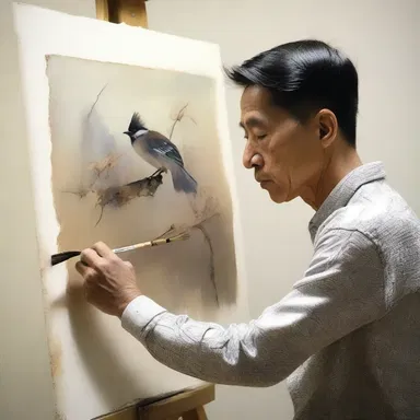 The artist carefully cupped his brush, adding delicate details to the painting.