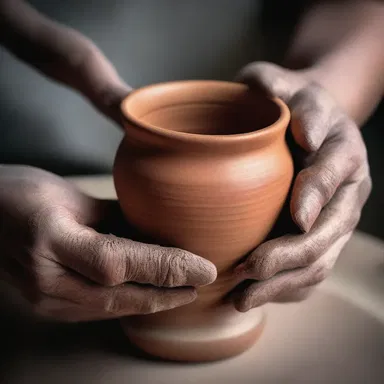 The potter skillfully cupped the clay, gradually shaping it into a delicate cup. The artist's hands moved with precision, transforming the shapeless material into a work of art.