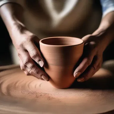 The potter skillfully cupped the clay, gradually shaping it into a delicate cup. The artist's hands moved with precision, transforming the shapeless material into a work of art.