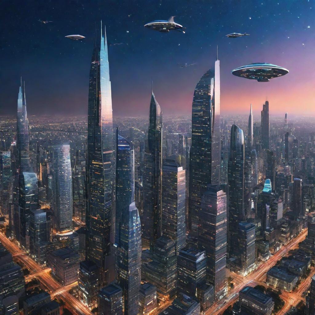 A vibrant cityscape of the future, featuring gleaming, reflective skyscrapers of avant-garde design, flying vehicles darting across a star-bespeckled night sky, instilling a sense of awe and anticipation.