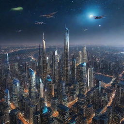 A vibrant cityscape of the future, featuring gleaming, reflective skyscrapers of avant-garde design, flying vehicles darting across a star-bespeckled night sky, instilling a sense of awe and anticipation.