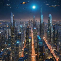 A vibrant cityscape of the future, featuring gleaming, reflective skyscrapers of avant-garde design, flying vehicles darting across a star-bespeckled night sky, instilling a sense of awe and anticipation.