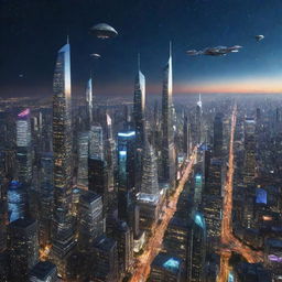 A vibrant cityscape of the future, featuring gleaming, reflective skyscrapers of avant-garde design, flying vehicles darting across a star-bespeckled night sky, instilling a sense of awe and anticipation.