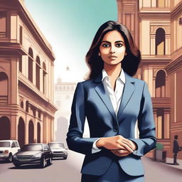 A high-quality digital art image of a young Indian businesswoman in Delhi