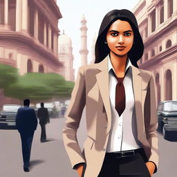 A high-quality digital art image of a young Indian businesswoman in Delhi