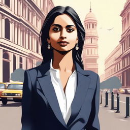 A high-quality digital art image of a young Indian businesswoman in Delhi