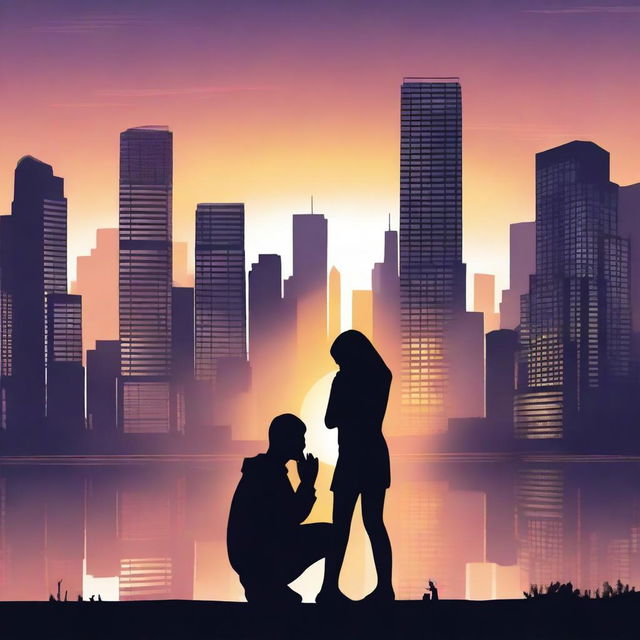 A high-quality digital art piece portrays a city skyline at twilight, bathed in the glow of streetlights and skyscraper windows