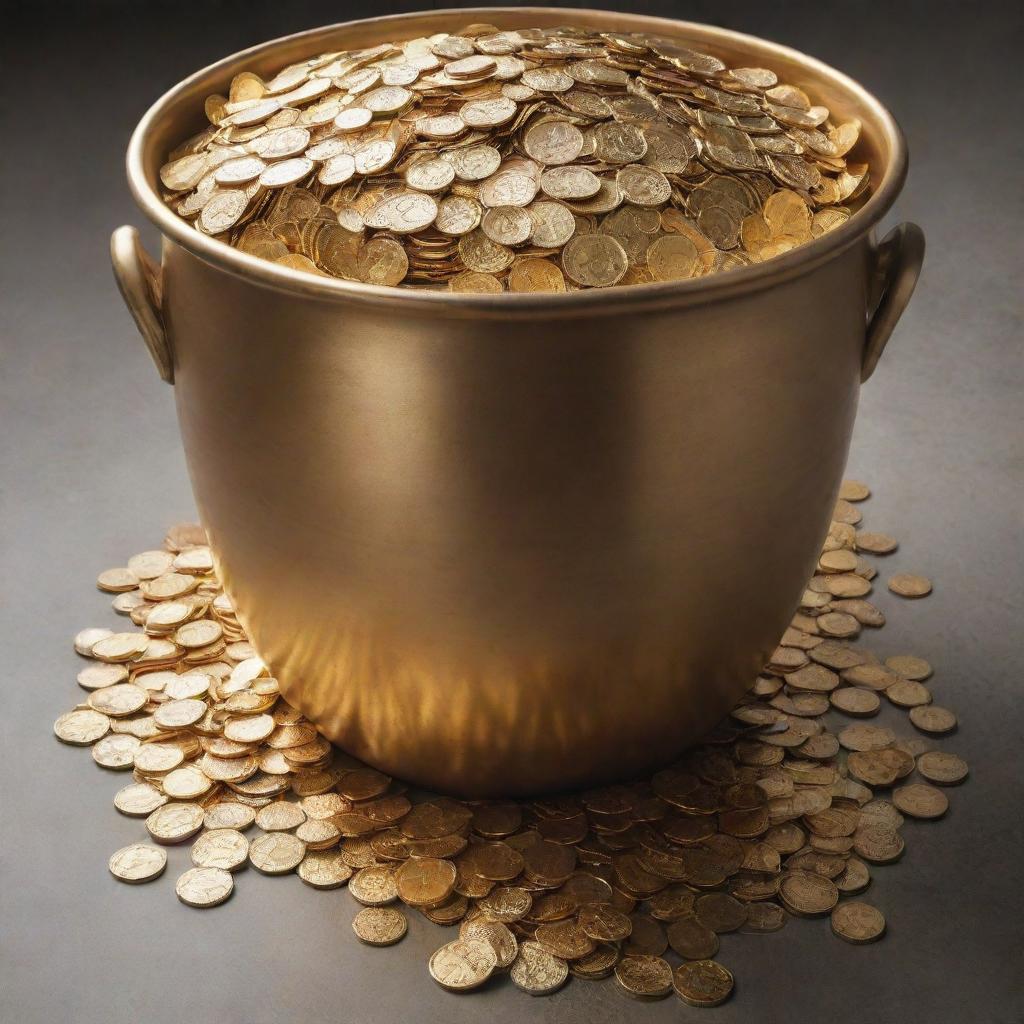 An oversized pot filled to the brim with glistening gold coins