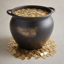 An oversized pot filled to the brim with glistening gold coins