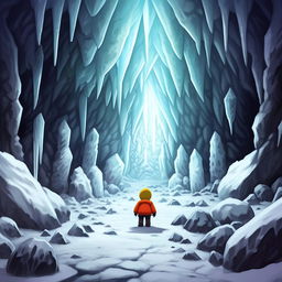 Depict a fantasy manga styled image of South Park's Cartman, nervously approaching an ominous ice cavern in search of a magical crystal.