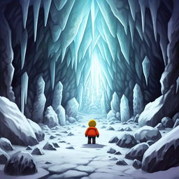 Depict a fantasy manga styled image of South Park's Cartman, nervously approaching an ominous ice cavern in search of a magical crystal.