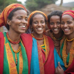 A group of Ethiopian mothers joyfully celebrating. Their traditional clothing vibrantly colorful, their smiles radiating warmth, their eyes reflecting happiness.