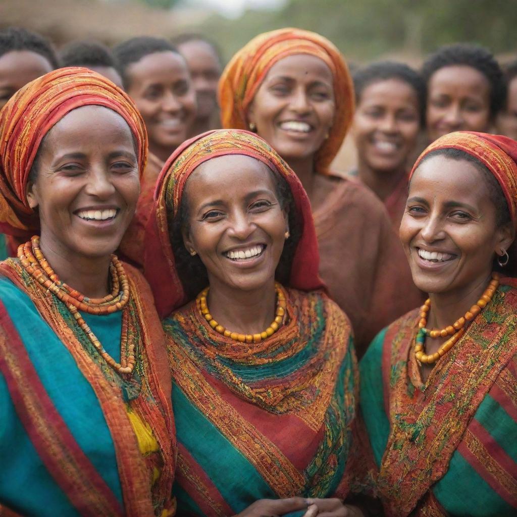 A group of Ethiopian mothers joyfully celebrating. Their traditional clothing vibrantly colorful, their smiles radiating warmth, their eyes reflecting happiness.