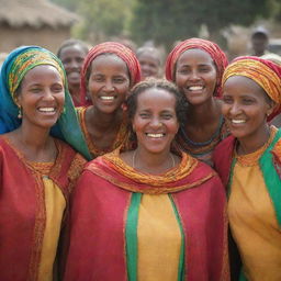 A group of Ethiopian mothers joyfully celebrating. Their traditional clothing vibrantly colorful, their smiles radiating warmth, their eyes reflecting happiness.